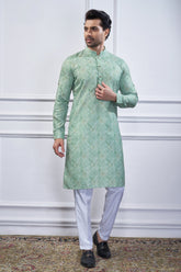 Light Green Cotton Linen Printed Kurta Pajam
